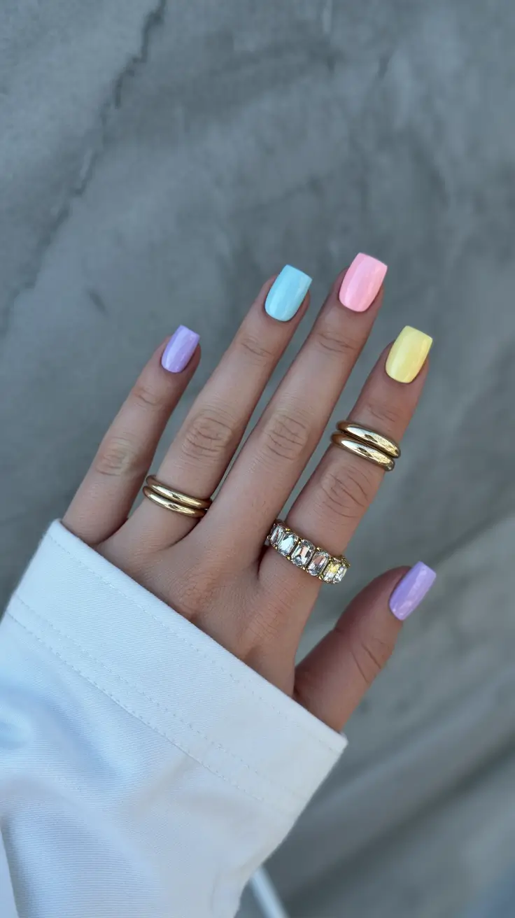 pastel nail designs 2026 Color-Blocked Pastels in Soft Square Shape