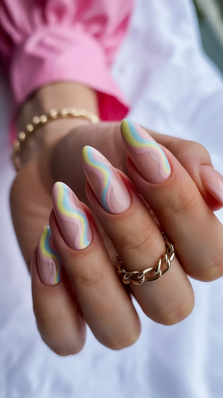 pastel nail designs 2026 Retro Pastel Waves for a Soft-Glow Moment