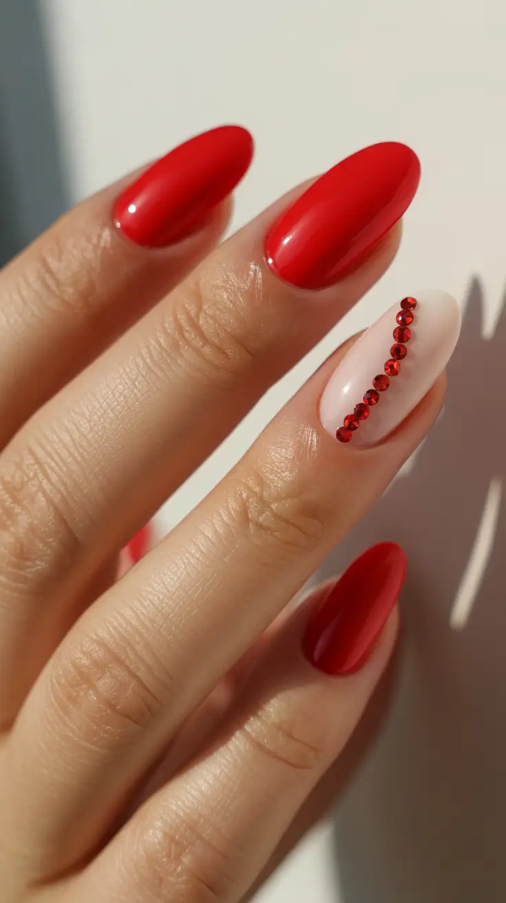 red nails Glossy Scarlet With Ruby Crystal Line
