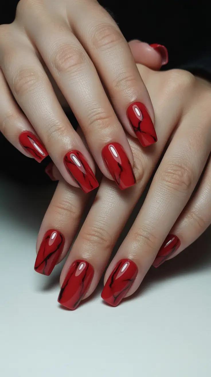 red nails Red Marble Square Nails