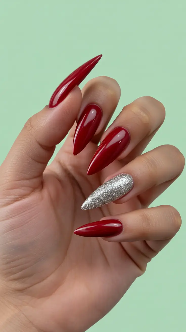 red nails Ruby Stilettos With Silver Glitter Accent