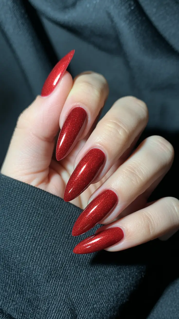 red nails Red Shimmer Almond Nails