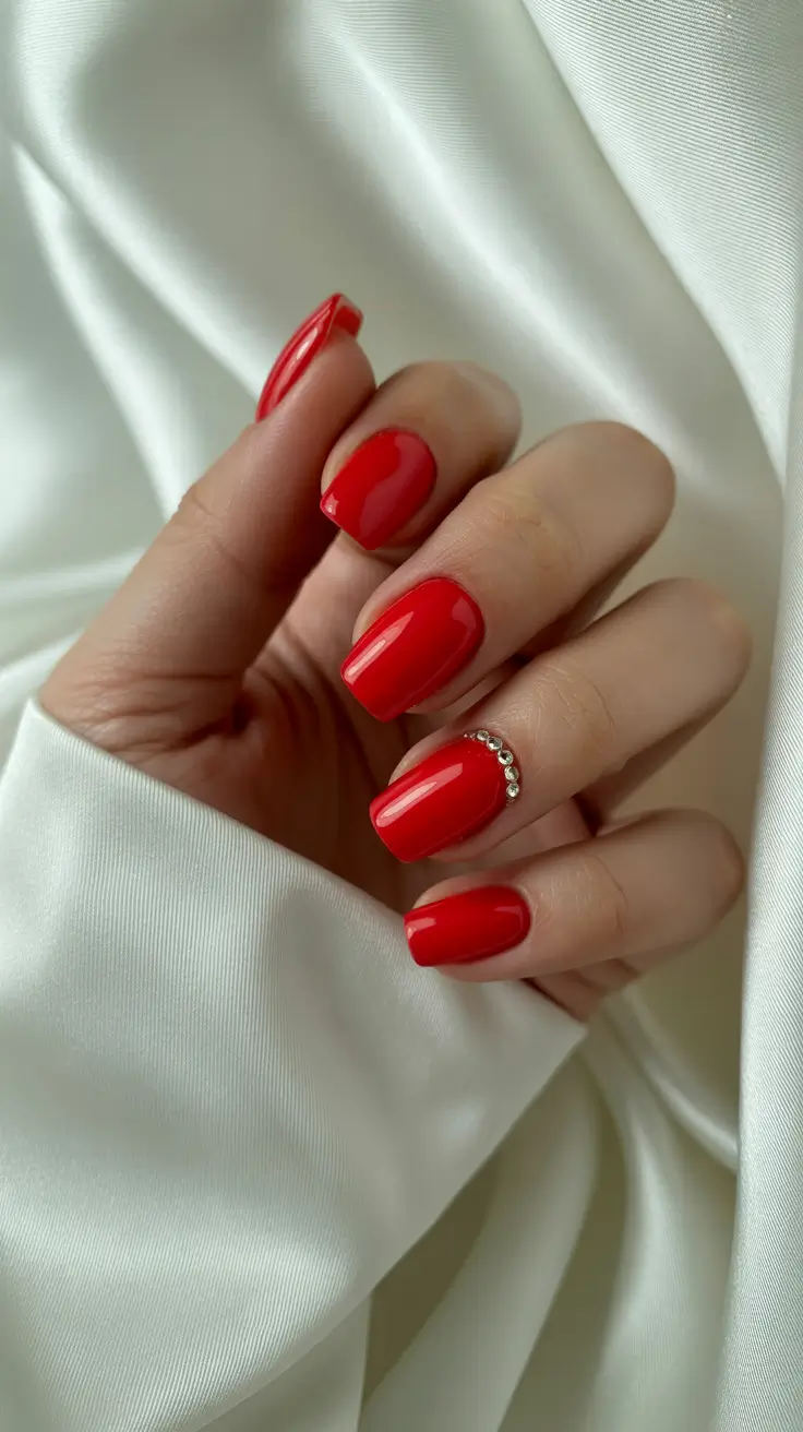 red nails Classic Red Squares With Minimal Crystal Accent