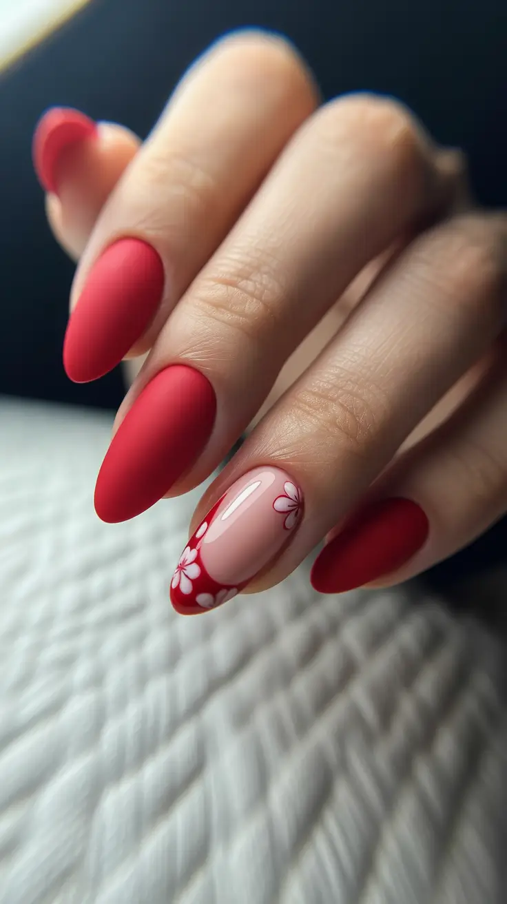 red nails Matte Red Almond Nails With Floral Accent