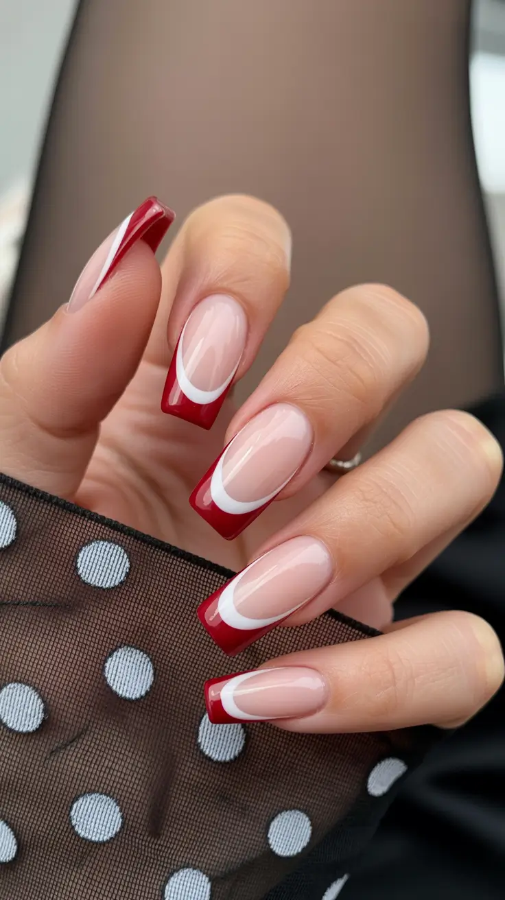 red nails Layered Red and White French Contours