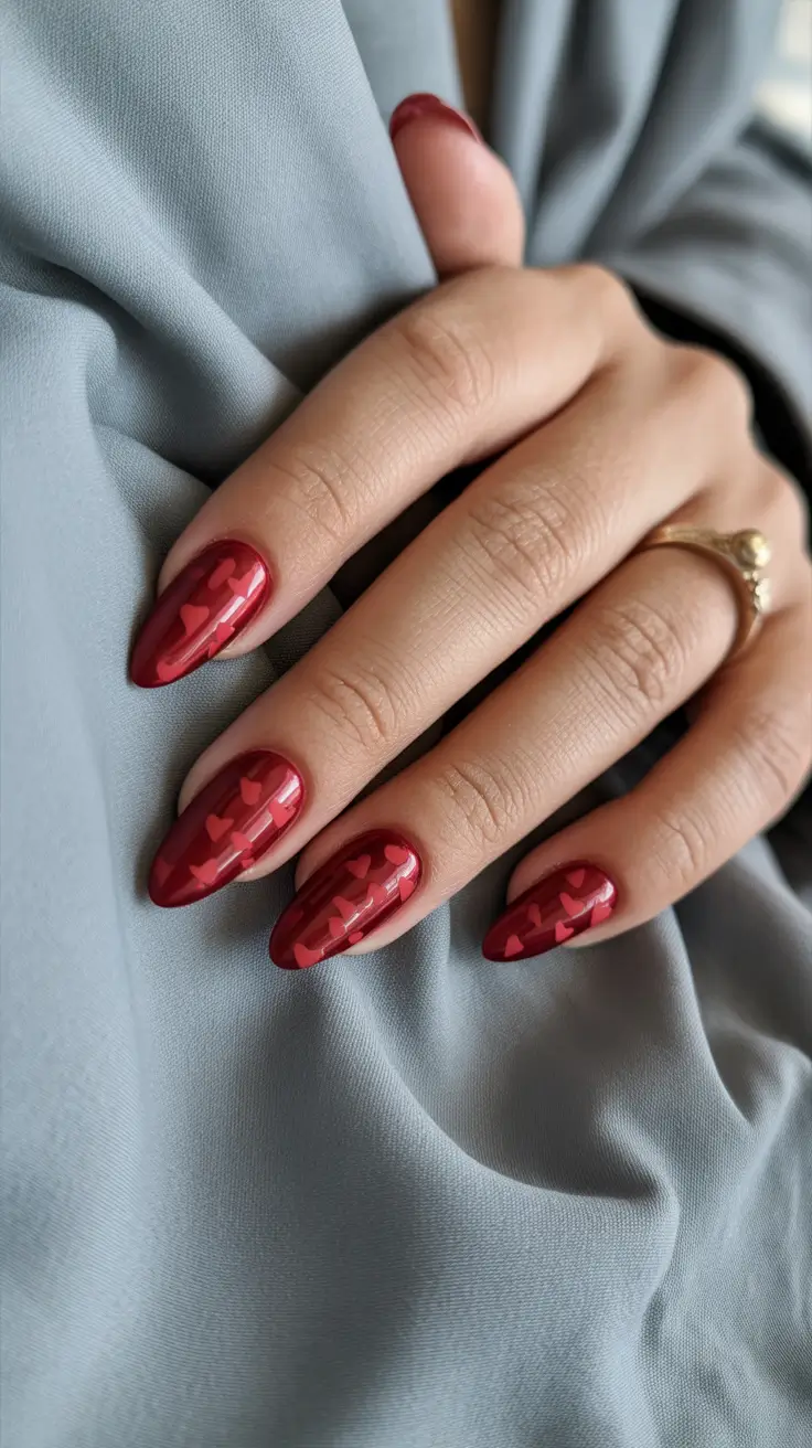 red nails Glossy Red Almond Nails With Subtle Heart Pattern