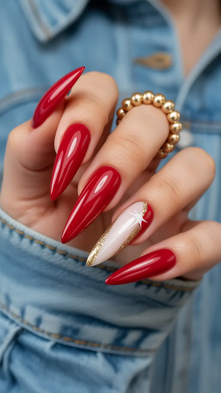 red nails Red Stilettos With Gold Crescent Accent