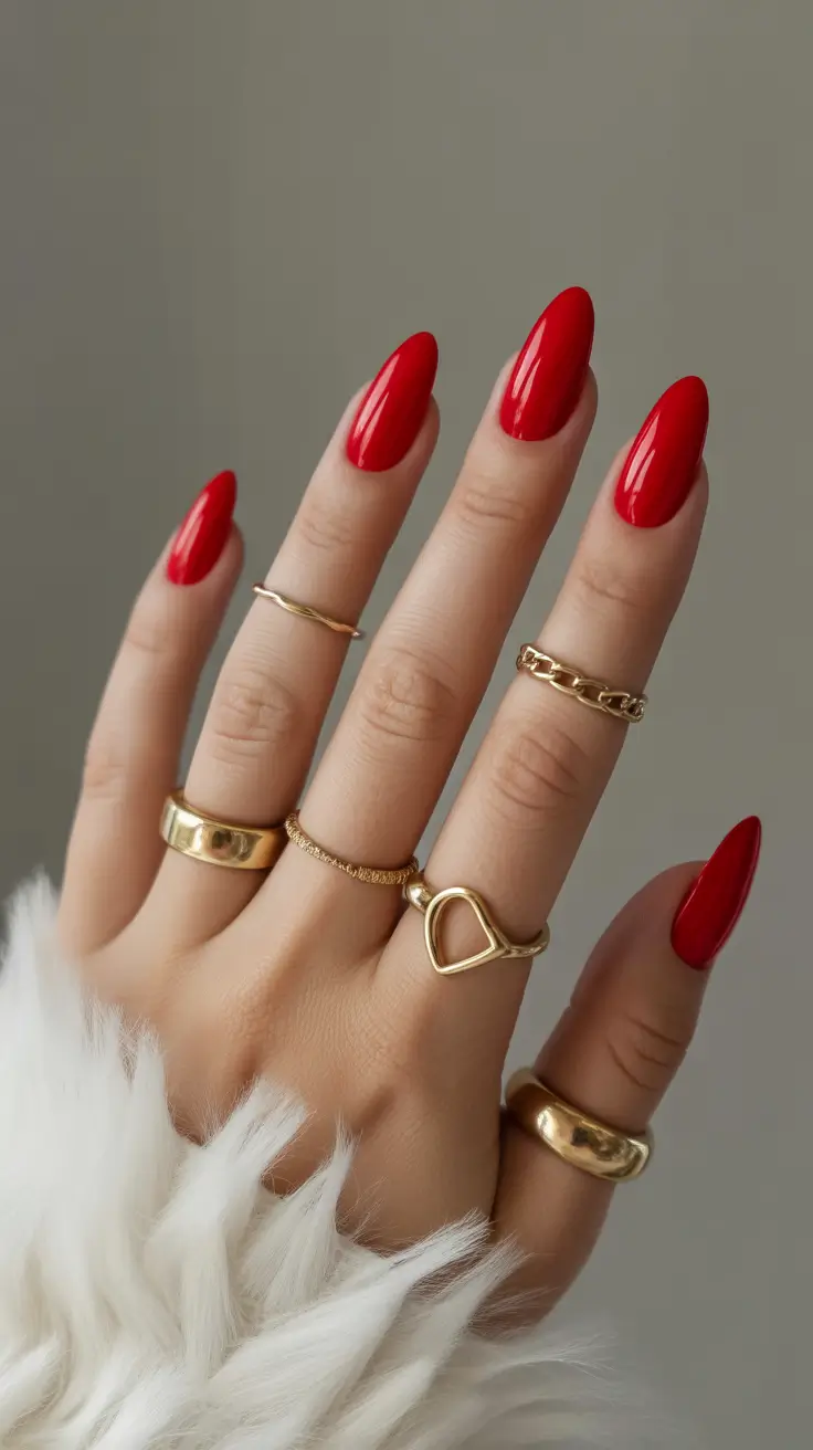 red nails Classic Bright Red Almond Nails With Gold Jewelry Pairing