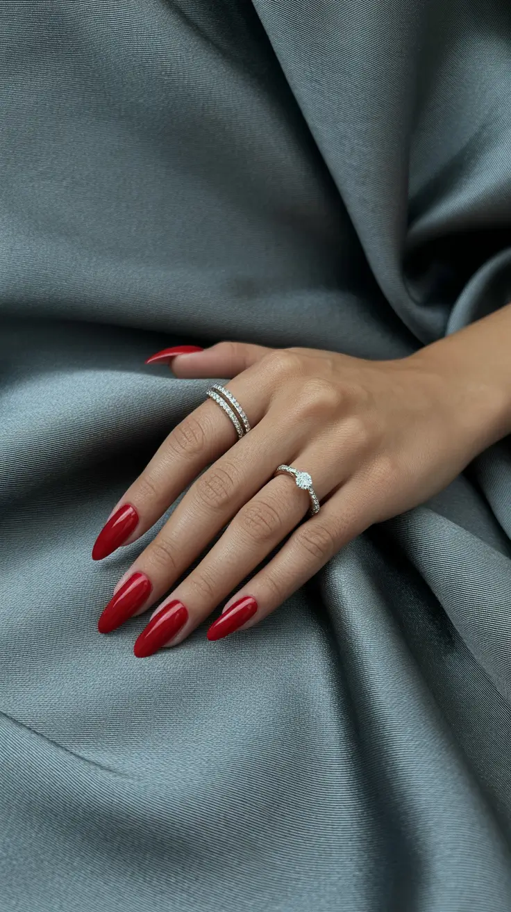 red nails High-Gloss Red on Long Almond Nails