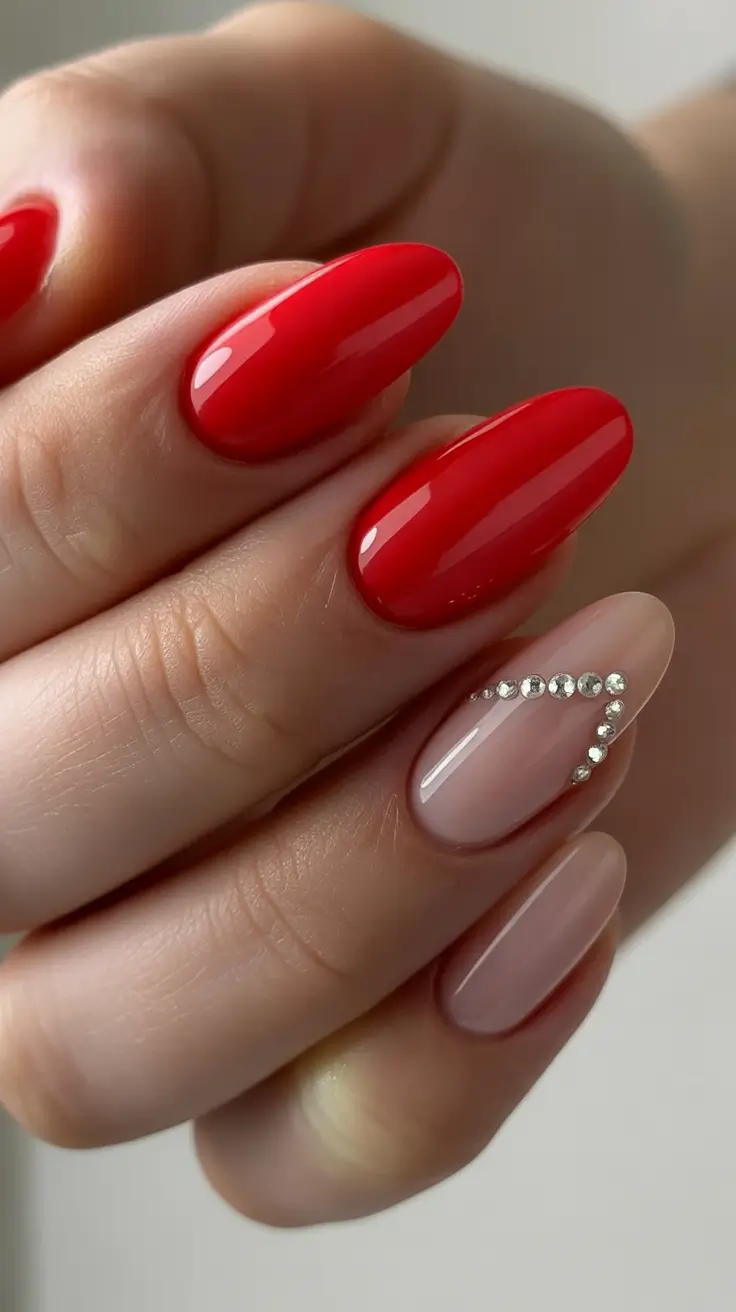 red nails Soft Nude Accents With Silver Curve Crystals