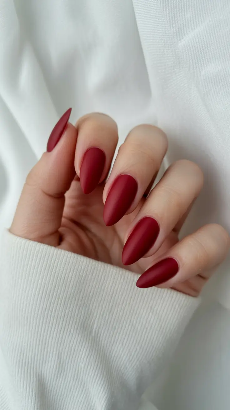 red nails Matte Dark Cherry Almond Nails