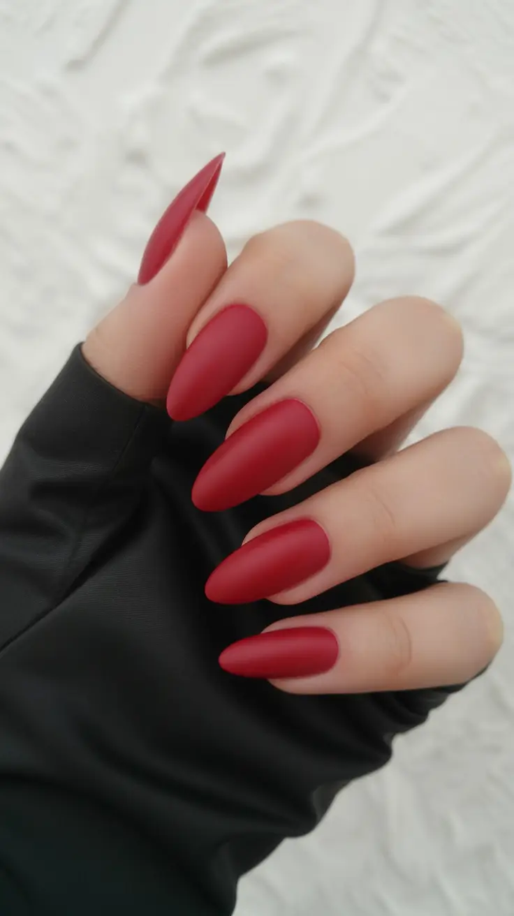 red nails Velvety Matte Crimson Almond Nails