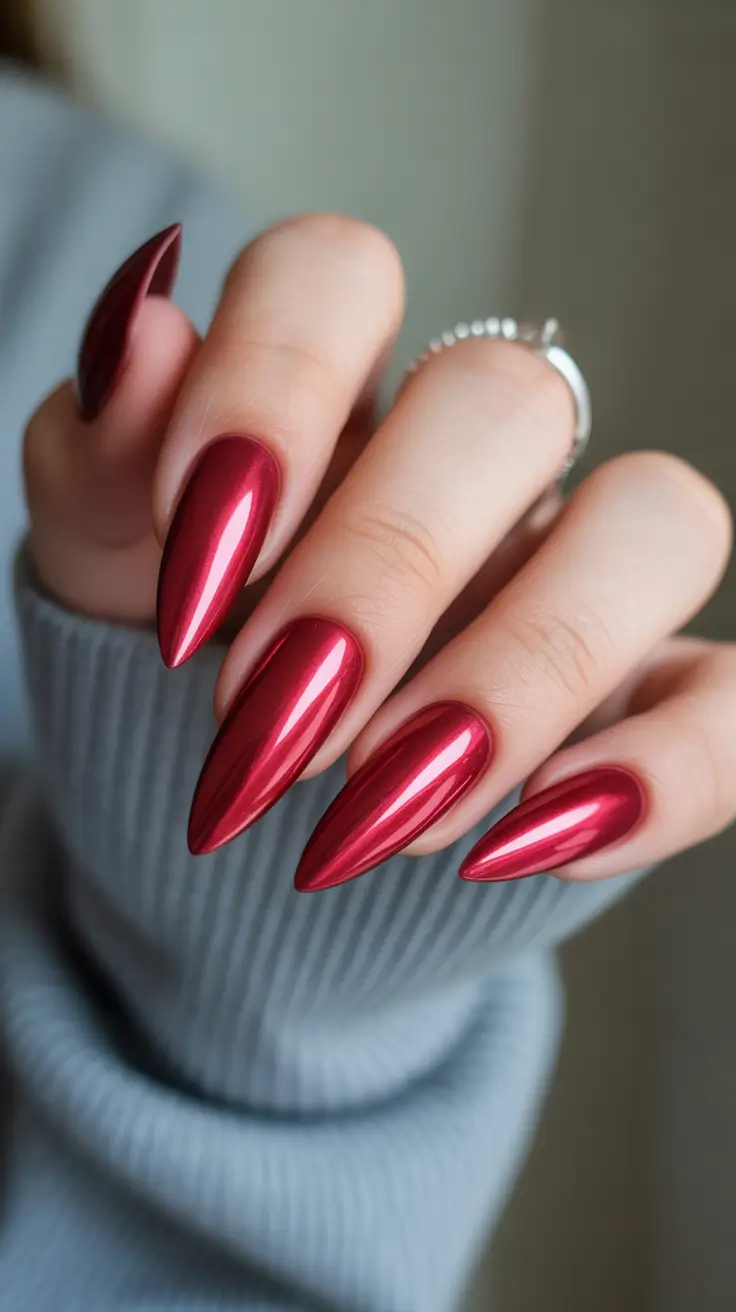 red nails Liquid Chrome Red Almond Nails