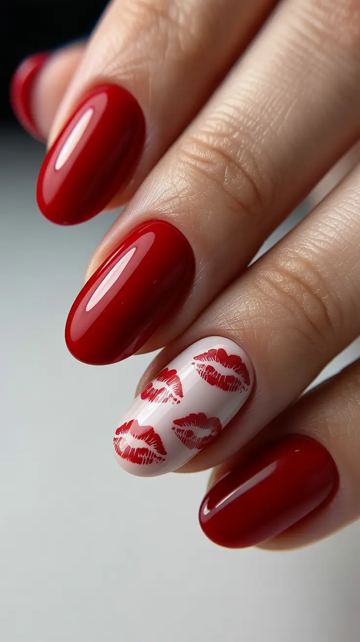 red nails Romantic Red With Kiss-Print Accent