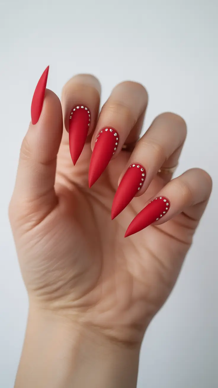 red nails Matte Red Stilettos With Crystal Arches