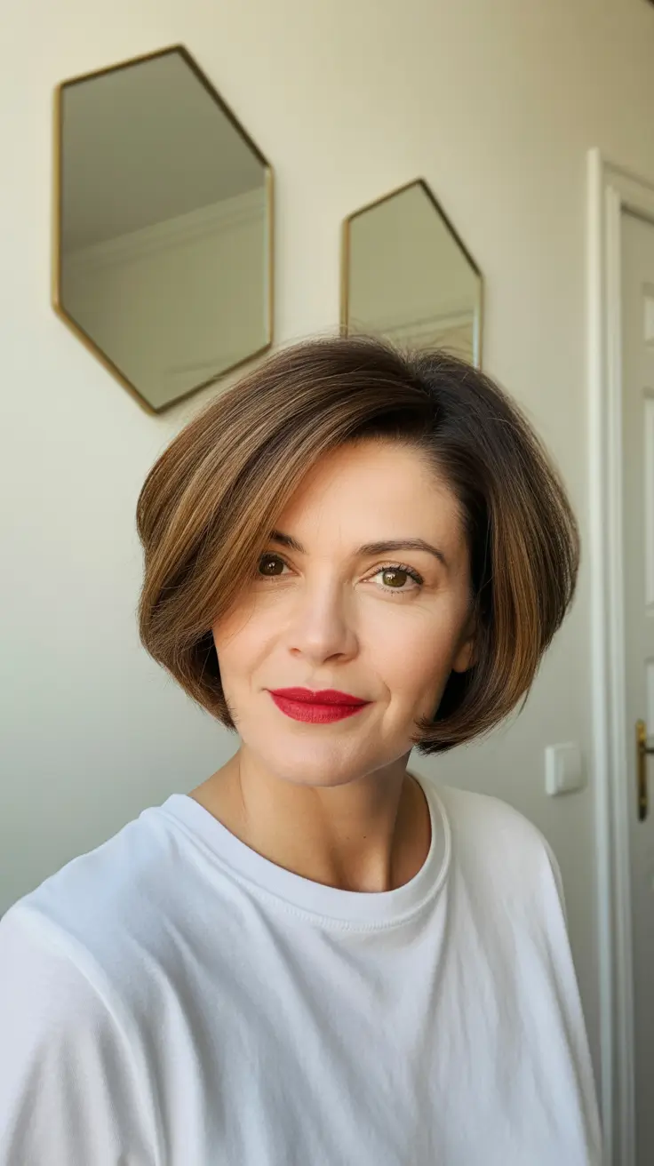 Short haircuts for women over 50 2026 Polished Short Wedge Bob