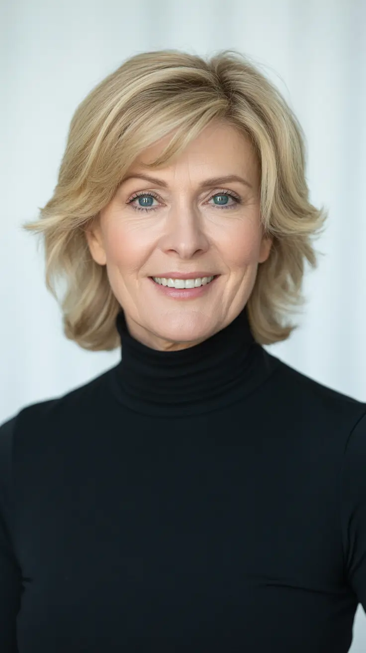 Short haircuts for women over 50 2026 Soft Blonde Feathered Medium Cut