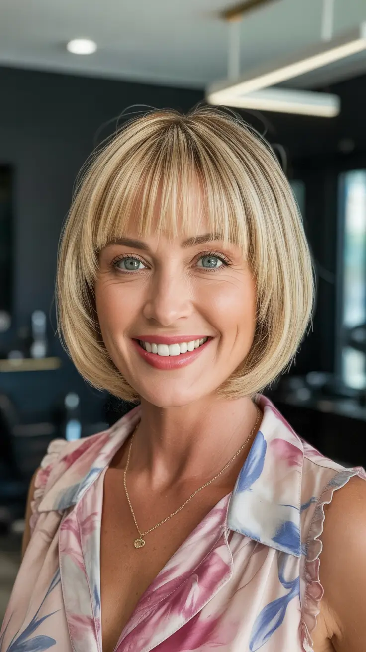 Short haircuts for women over 50 2026 Soft Blonde Classic Bob with Bangs
