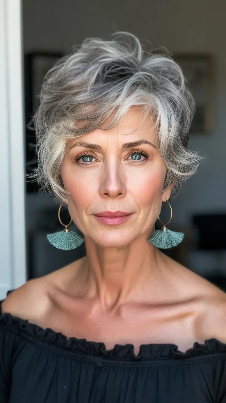 Short haircuts for women over 50 2026 Textured Silver Short Shag