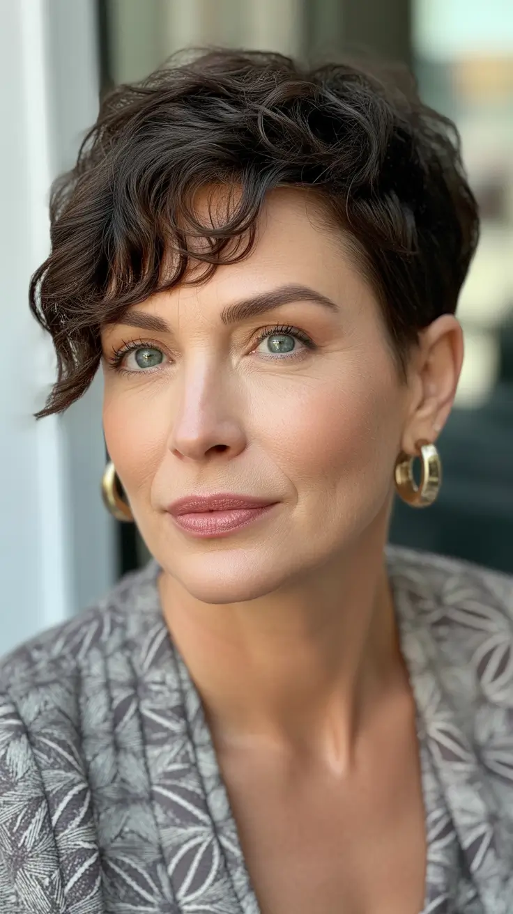 Short haircuts for women over 50 2026 Curly Textured Short Pixie