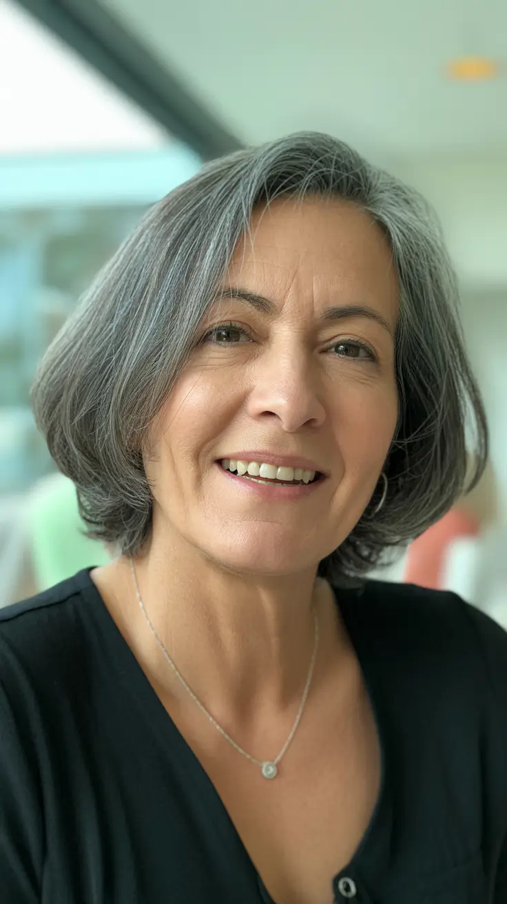 Short haircuts for women over 50 2026 Graceful Gray Chin-Length Bob