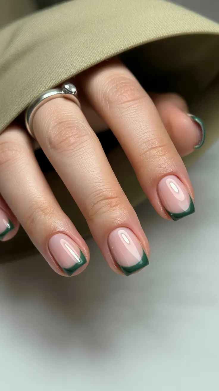 short square nail designs 2026 Deep-Green French Tips For Modern Minimalists