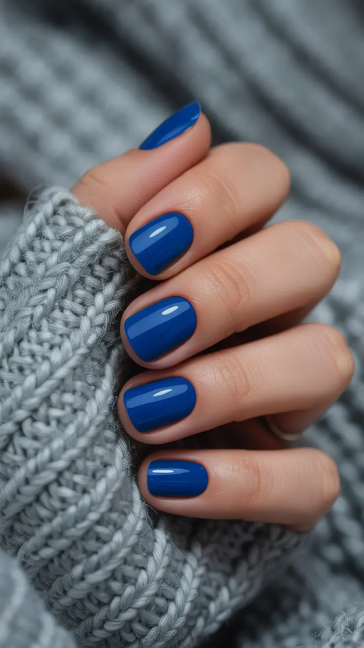 short square nail designs 2026 Bold Blue Shine for a Confident Winter Statement