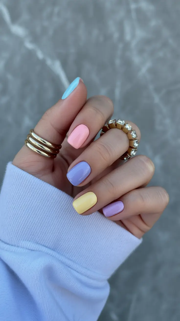short square nail designs 2026 Pastel Rainbow Mix for Whimsical Spring Energy