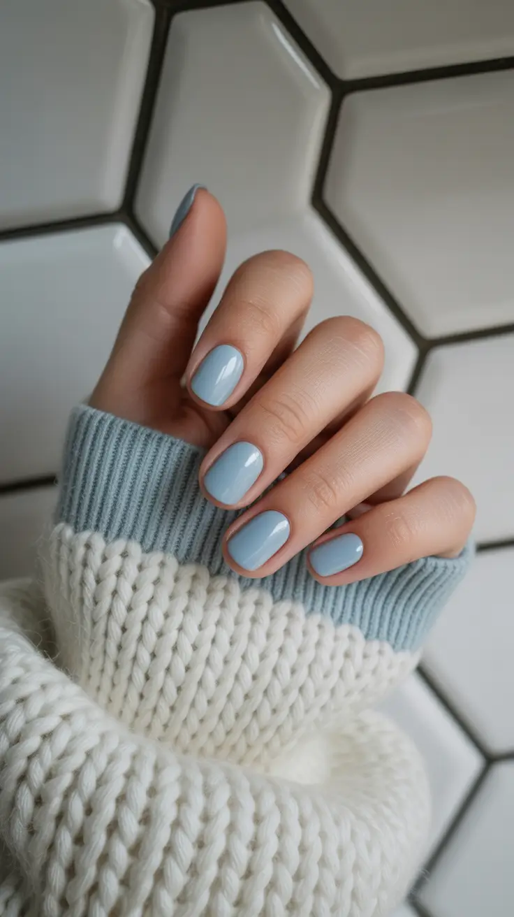 short square nail designs 2026 Frosted Cloud Blue for Cozy Winter Textures