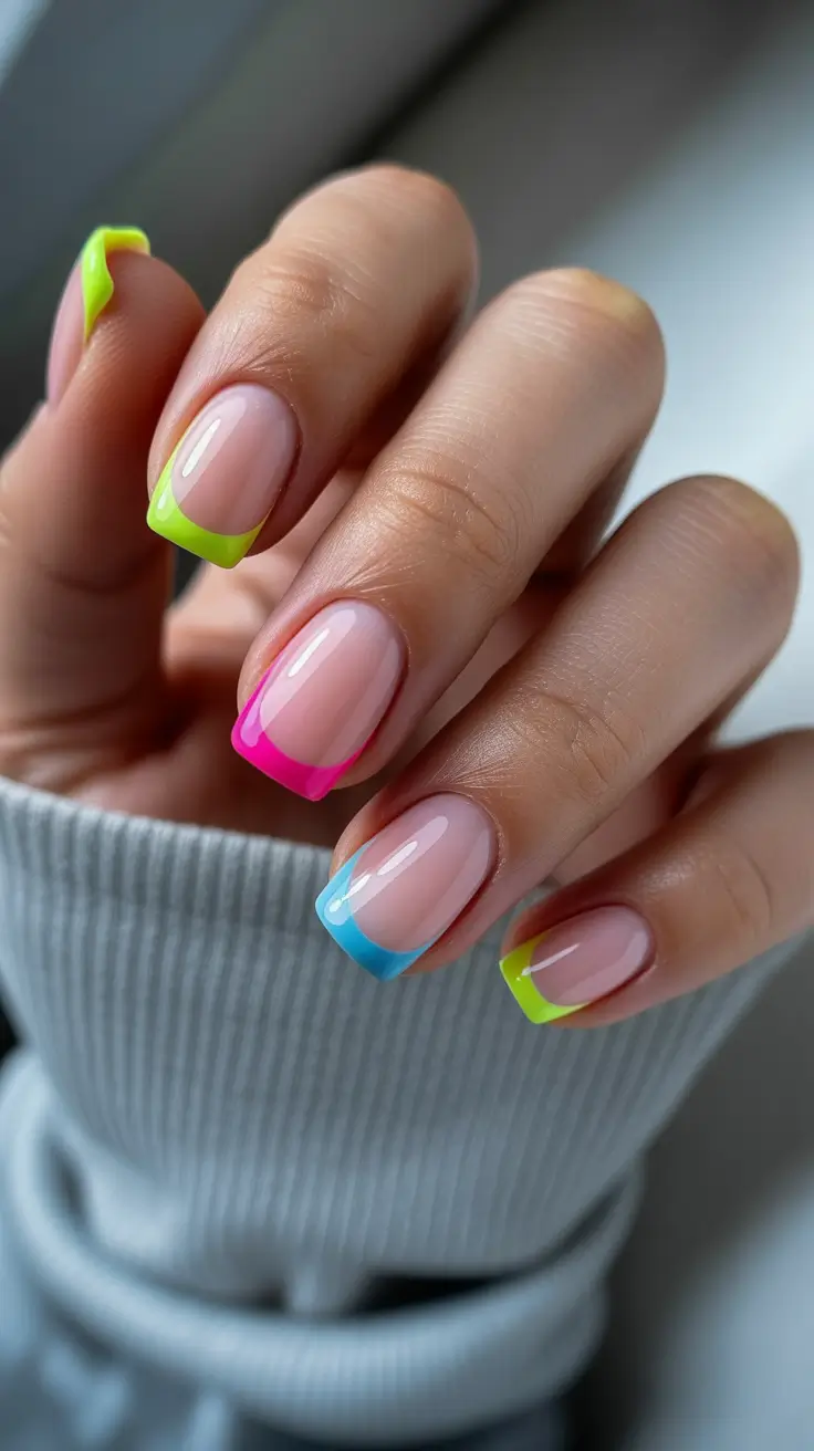 short square nail designs 2026 Neon Multi-Color French Tips for a Playful Summer Pulse