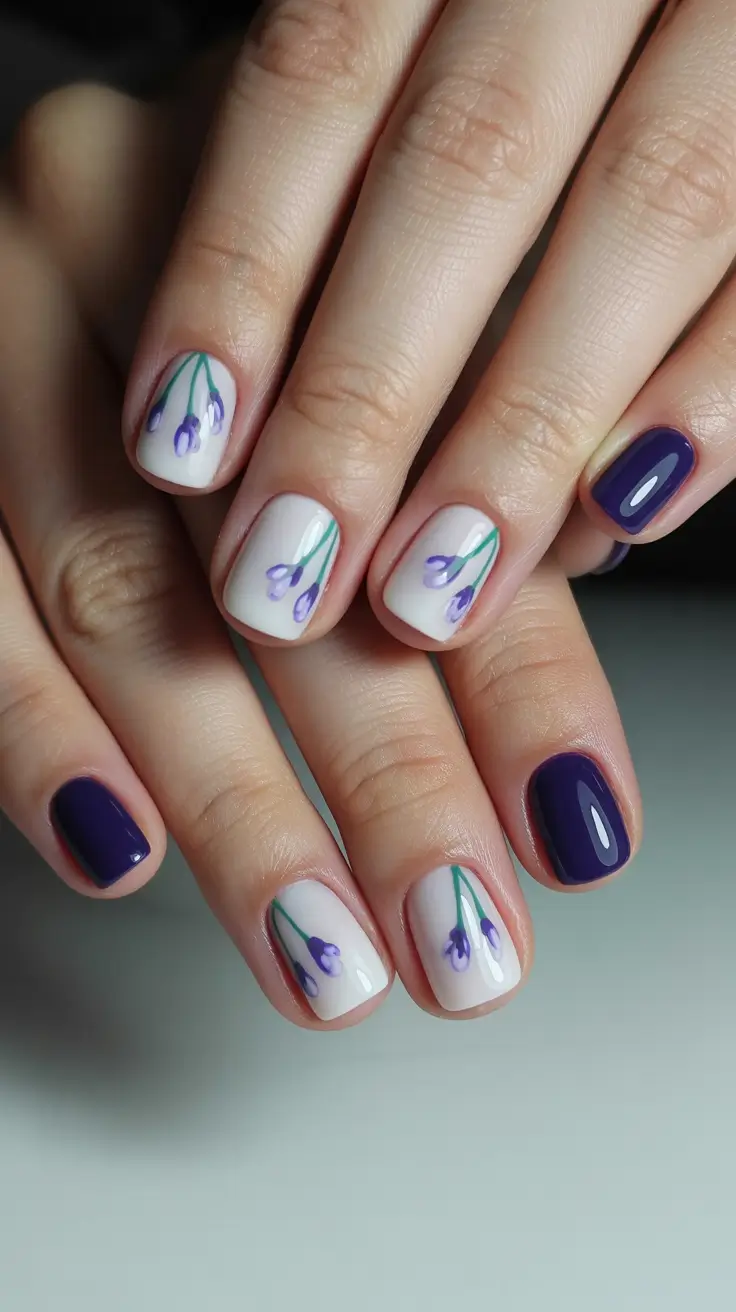 short square nail designs 2026 Violet Botanical Accents for Soft Spring Romance