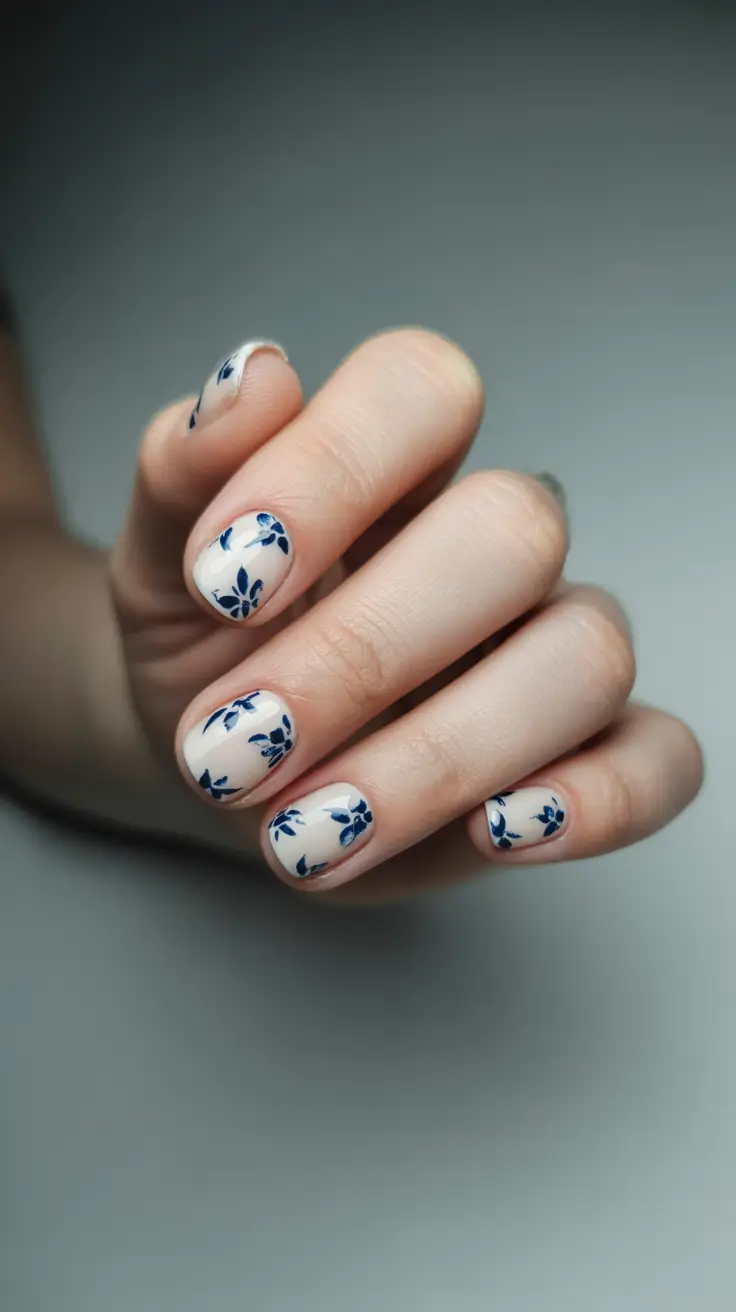 short square nail designs 2026 Navy Floral Stamping for Chic Everyday Definition