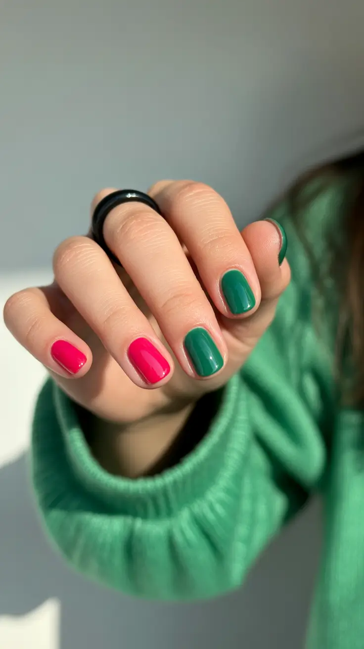 short square nail designs 2026 Color-Blocked Pink and Green For Bold Summer Playfulness