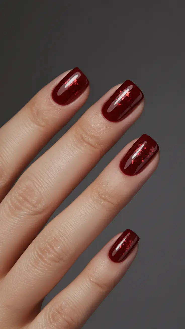 short square nail designs 2026 Deep Red Sparkle For Elegant Evenings
