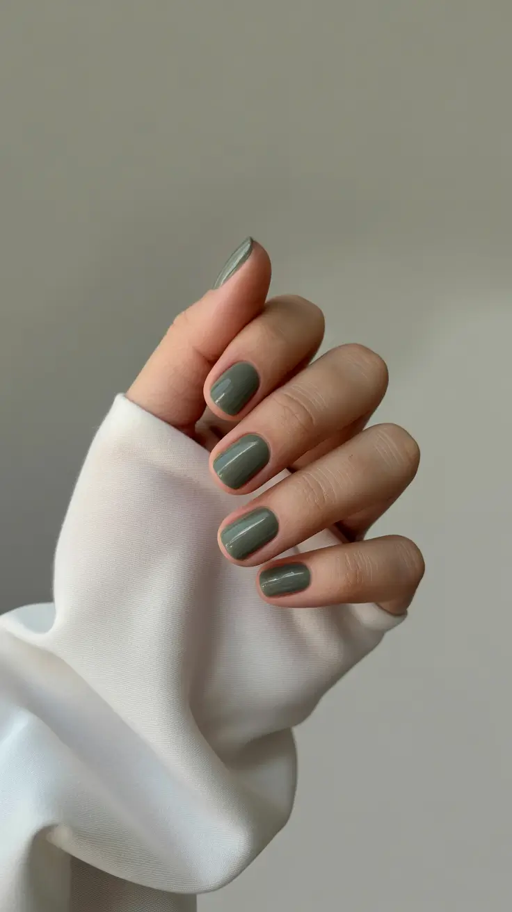short square nail designs 2026 Muted Olive Green for Quiet, Chic Sophistication