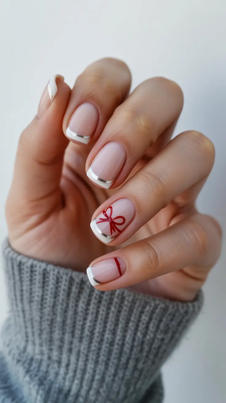 short square nail designs 2026 Minimal Christmas Ribbon French With Metallic Accents