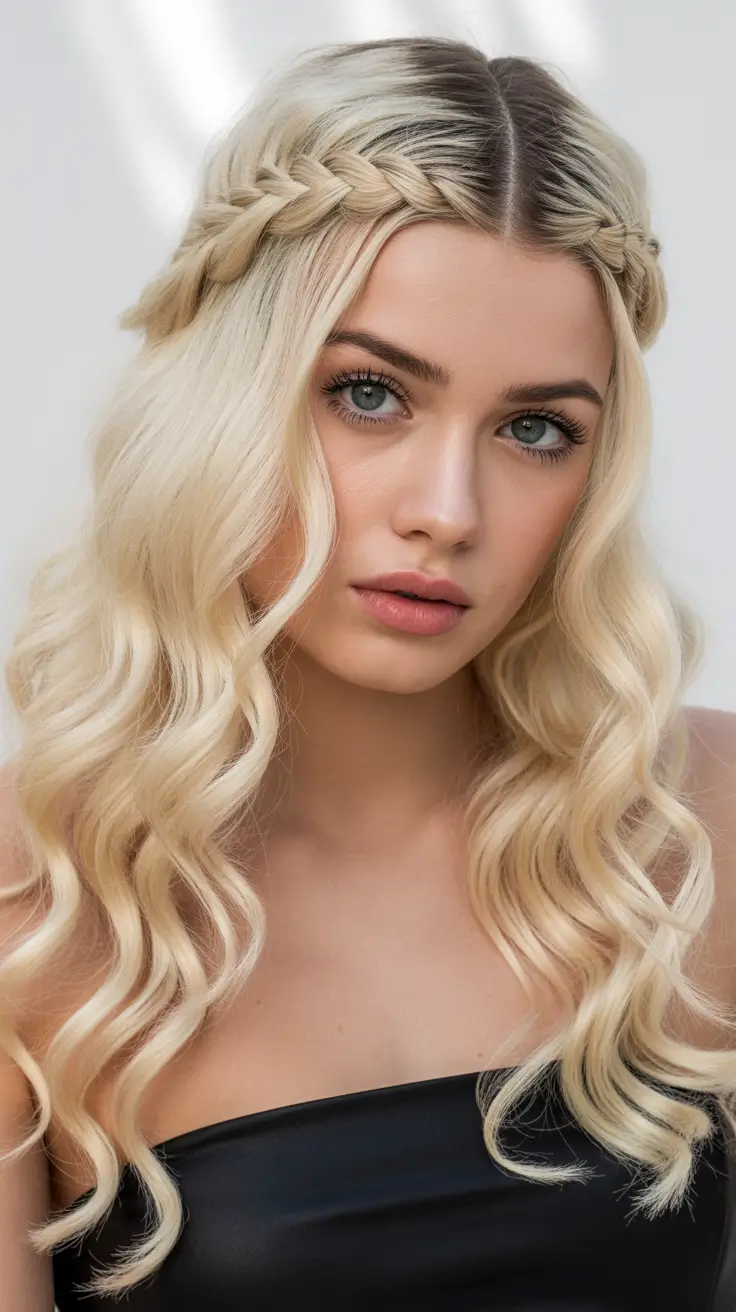 Simple hairstyle for 2026 - Crown Braids With Soft Blonde Waves