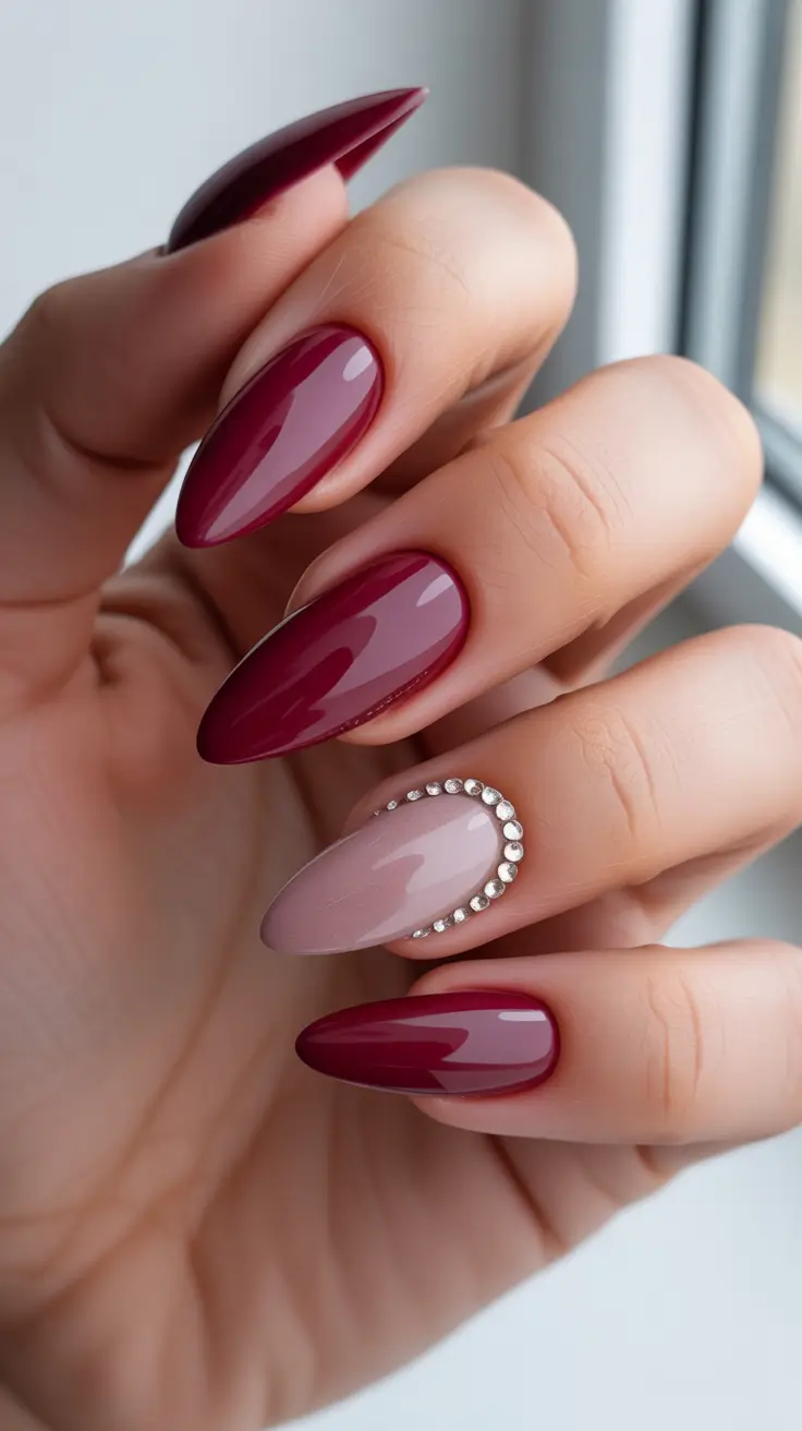 almond nail ideas 2026 Ruby Crystal Crescent