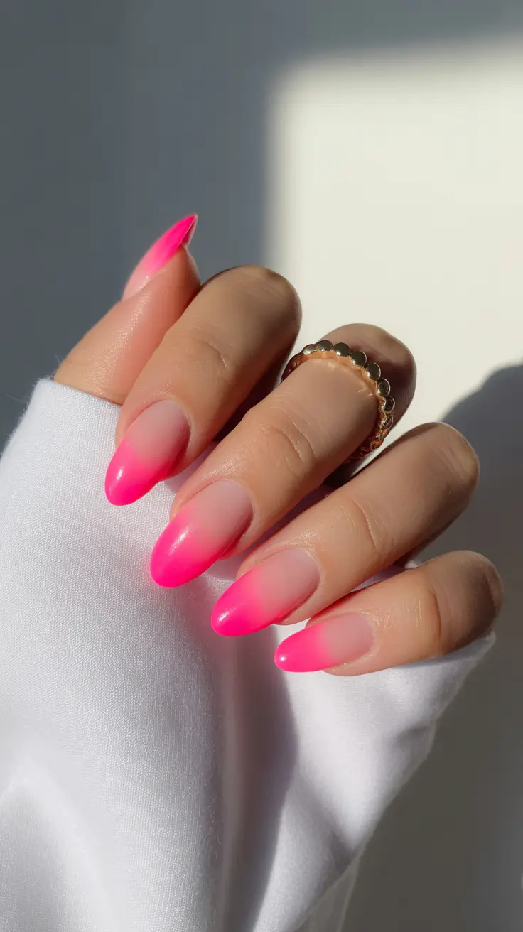 almond nail ideas 2026 Neon Pink Ombre