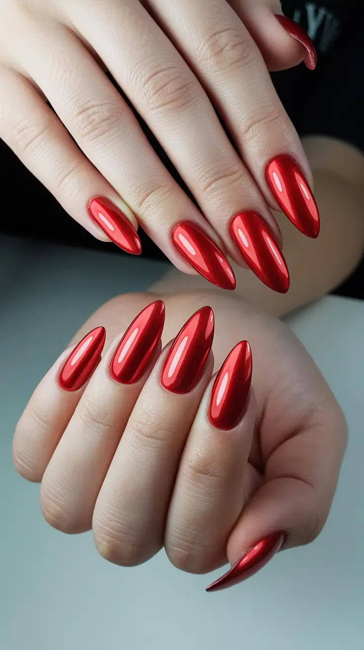 almond nail ideas 2026 Cherry Red Shine