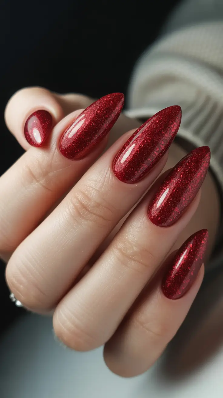 almond nail ideas 2026 Sparkling Red