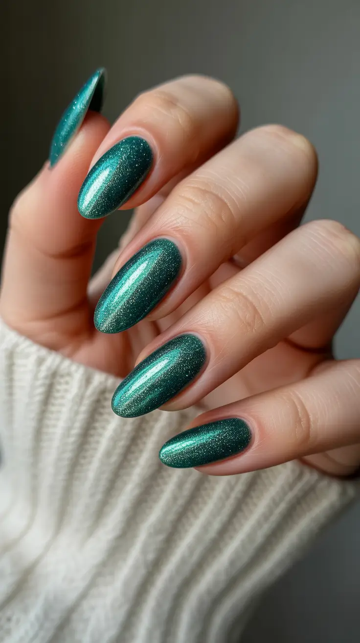 almond nail ideas 2026 Emerald Shimmer