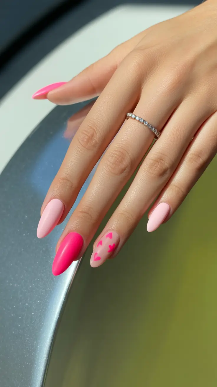 almond nail ideas 2026 Playful Pink Hearts