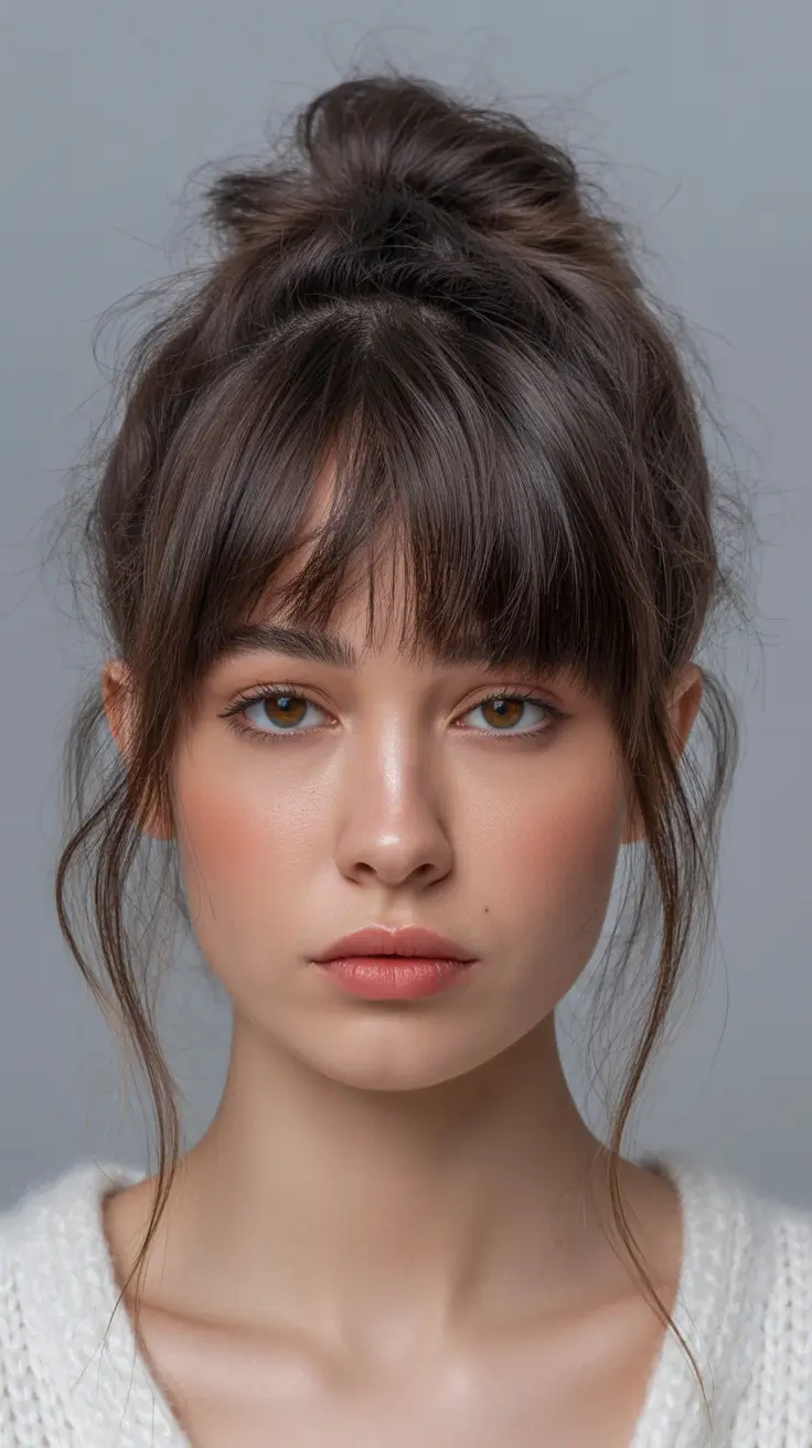 Soft Bun with Wispy Bangs Stylish Haircut Trends 2026