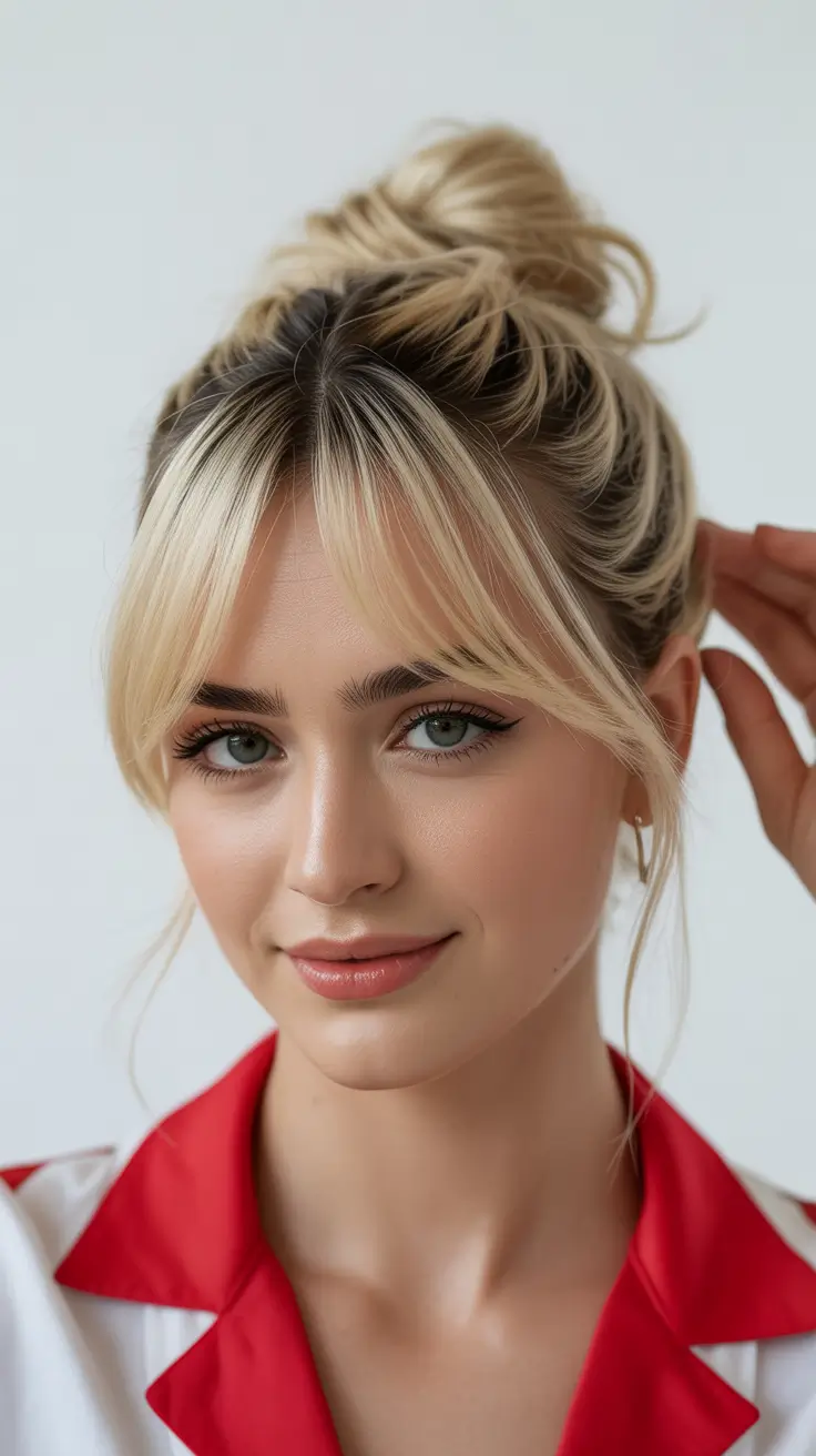 Effortless Blonde Bun with Bangs Stylish Haircut Trends 2026