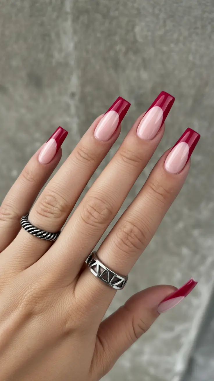 trendy acrylic nails 2026 Bold Glossy Reds on Long Square Tips