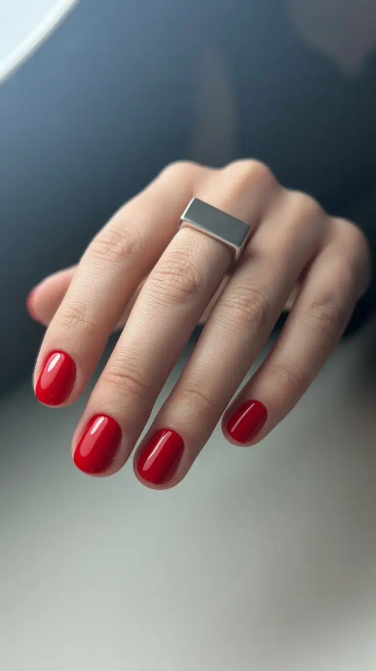 trendy acrylic nails 2026 Classic Red Glow on Short Round Nails