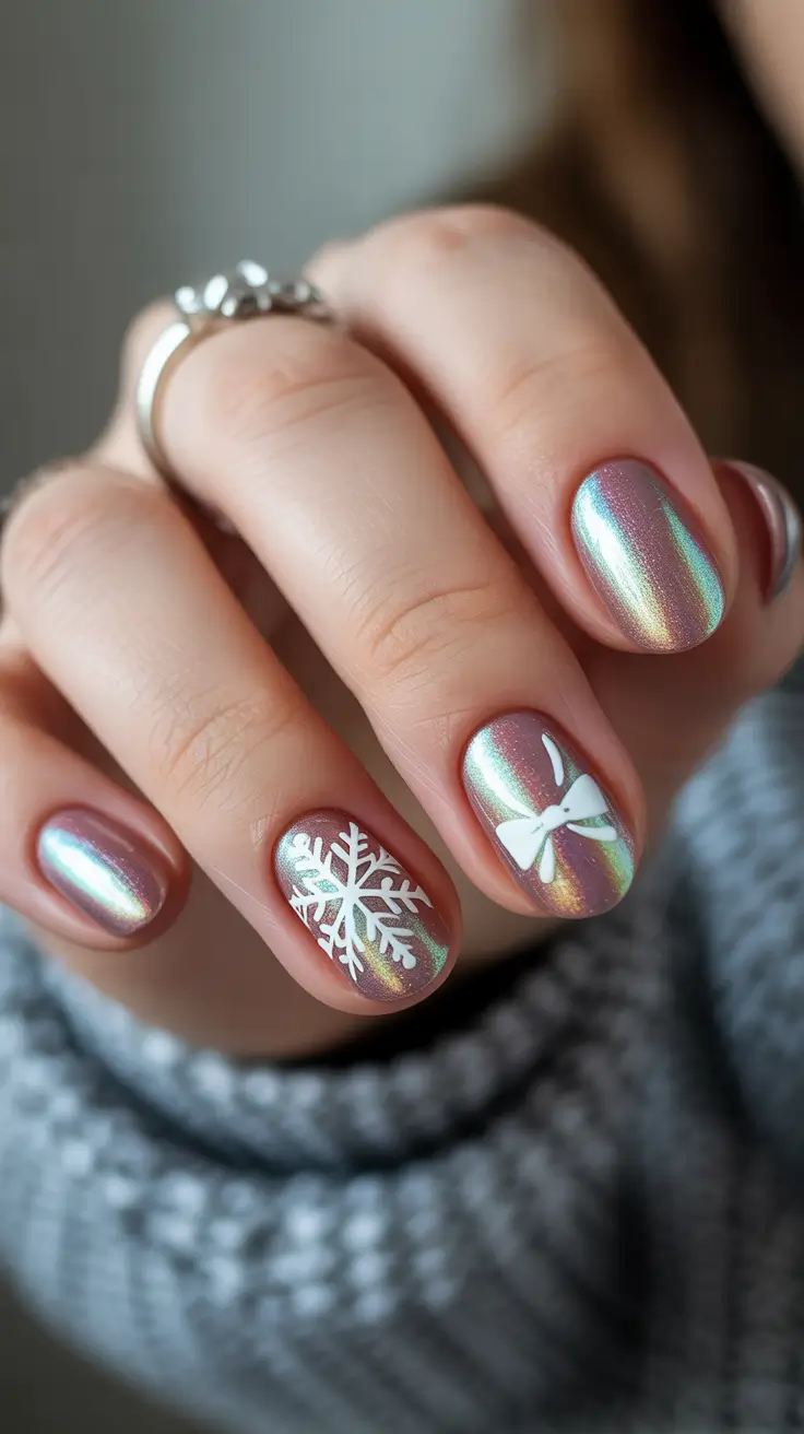 trendy acrylic nails 2026 Iridescent Holiday Charm with White Accents