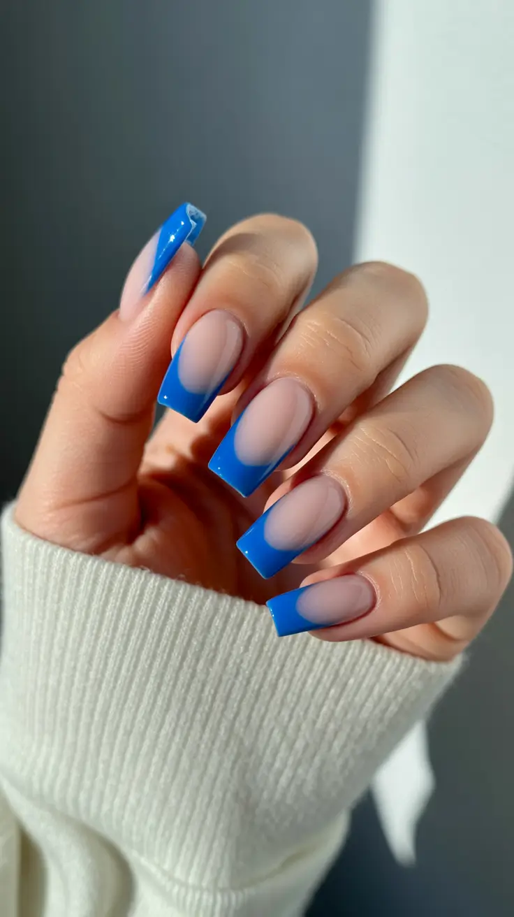 trendy acrylic nails 2026 Cool Blue Ombre French Squares for a Modern Twist