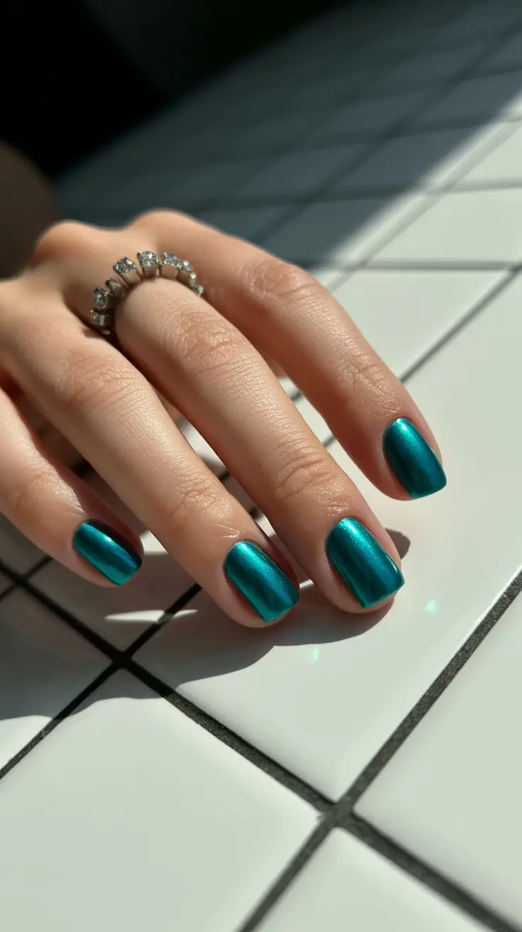 trendy acrylic nails 2026 Emerald Chrome Shine on Sleek Short Nails